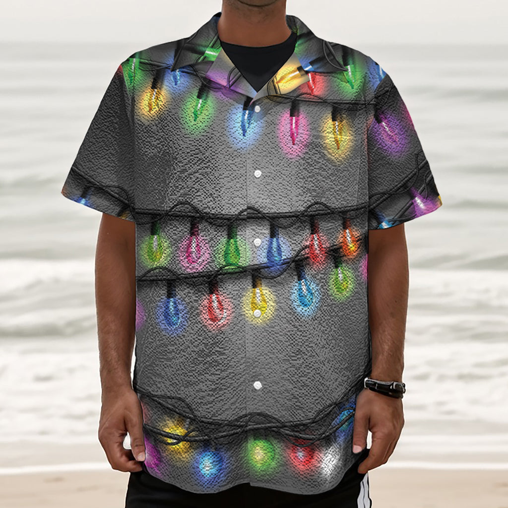 Christmas Holiday Lights Print Textured Short Sleeve Shirt
