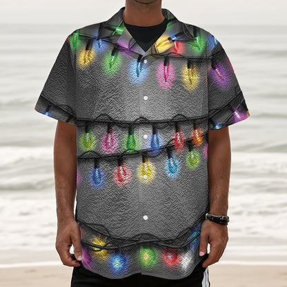 Christmas Holiday Lights Print Textured Short Sleeve Shirt
