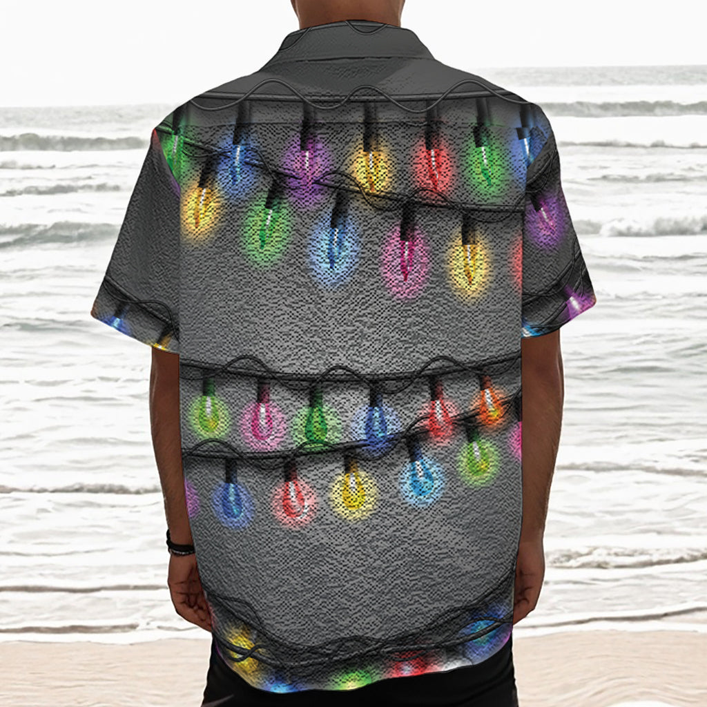 Christmas Holiday Lights Print Textured Short Sleeve Shirt