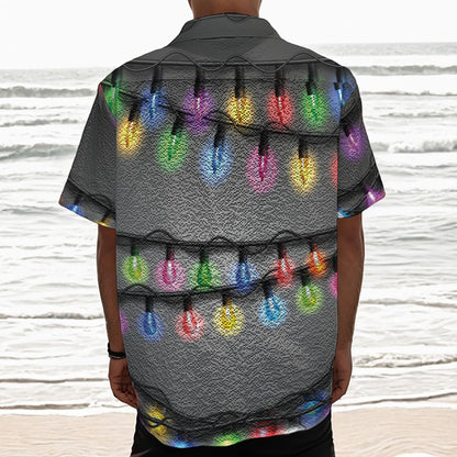 Christmas Holiday Lights Print Textured Short Sleeve Shirt