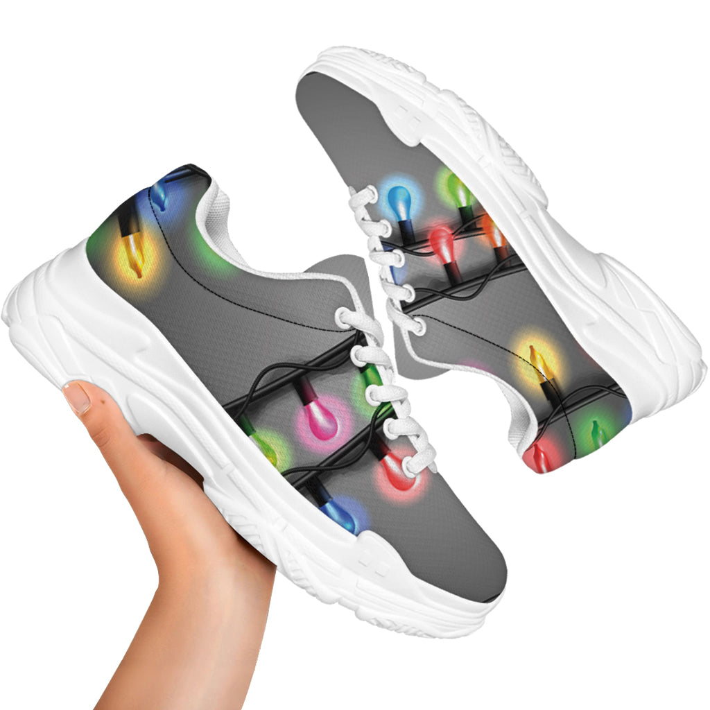 Christmas Holiday Lights Print White Chunky Shoes