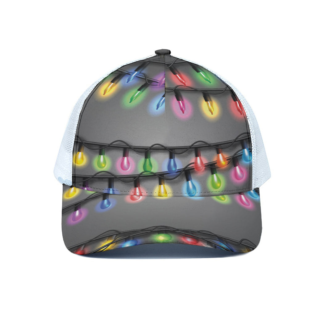 Christmas Holiday Lights Print White Mesh Trucker Cap