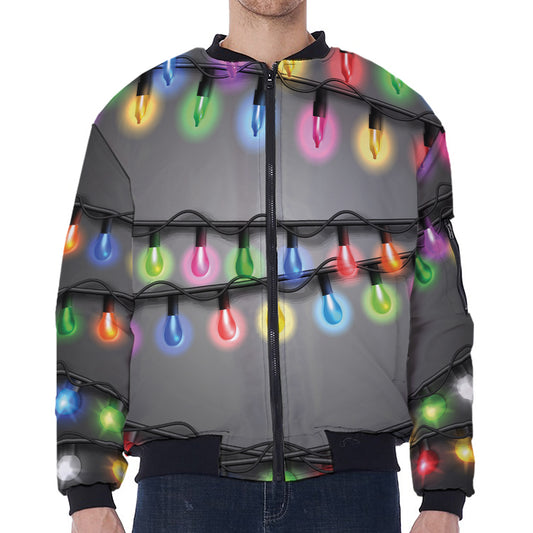 Christmas Holiday Lights Print Zip Sleeve Bomber Jacket