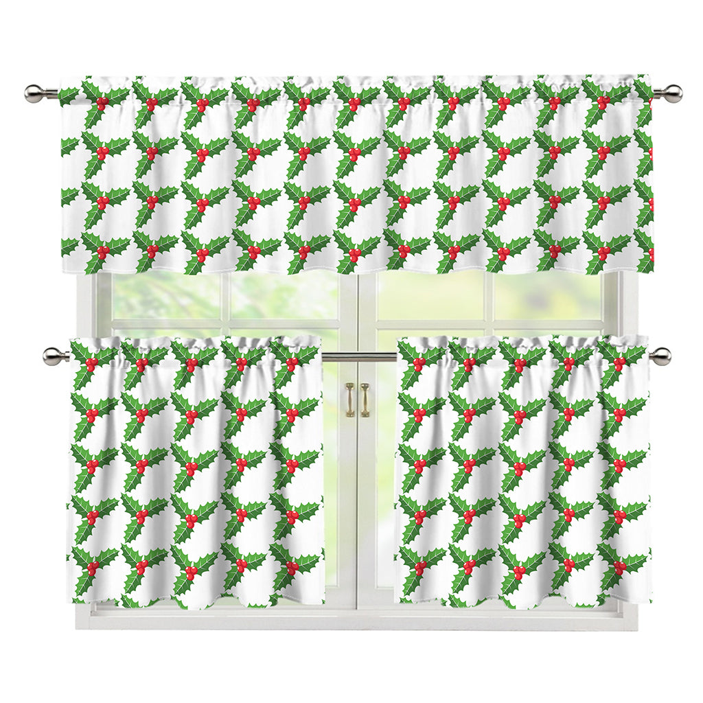 Christmas Holly Berry Pattern Print 3 Piece Kitchen Curtains