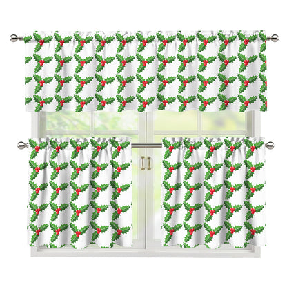 Christmas Holly Berry Pattern Print 3 Piece Kitchen Curtains