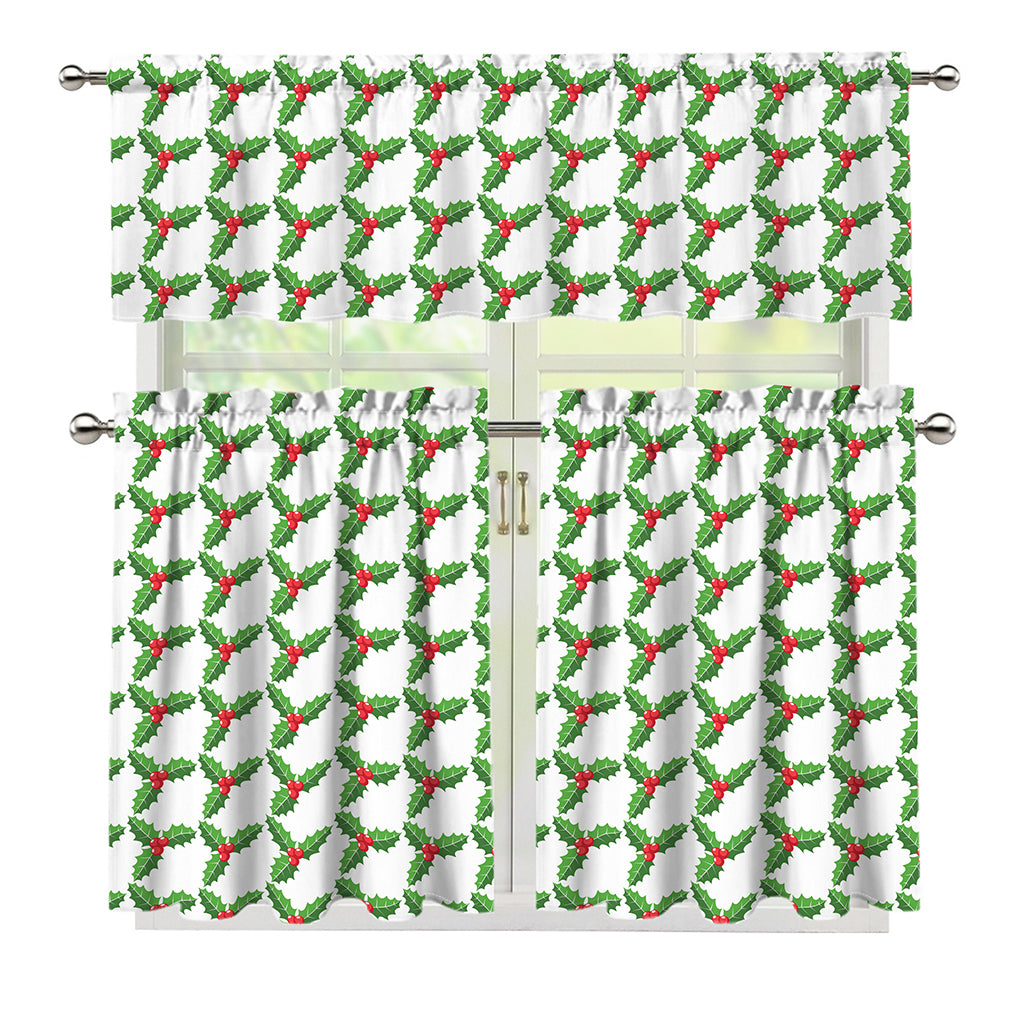 Christmas Holly Berry Pattern Print 3 Piece Kitchen Curtains