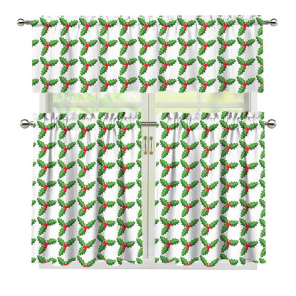 Christmas Holly Berry Pattern Print 3 Piece Kitchen Curtains