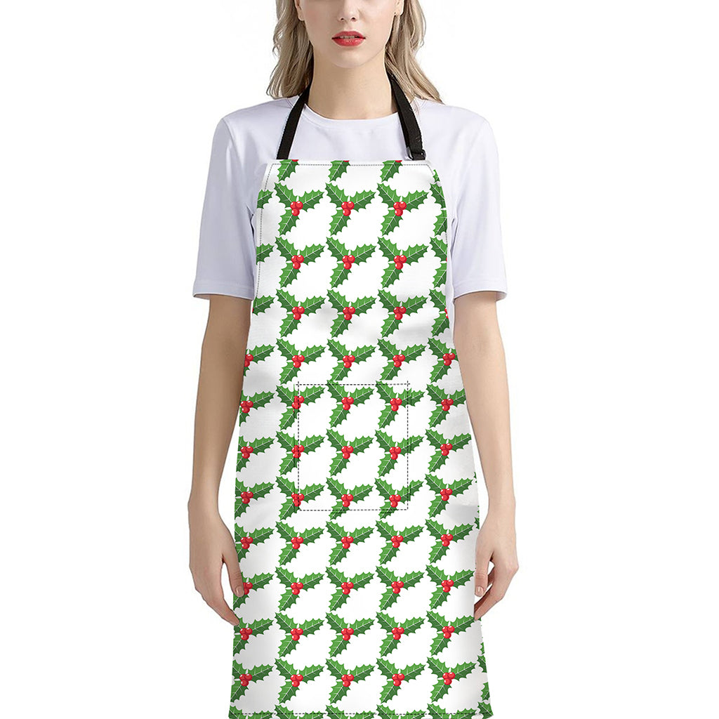 Christmas Holly Berry Pattern Print Bib Apron With Pocket