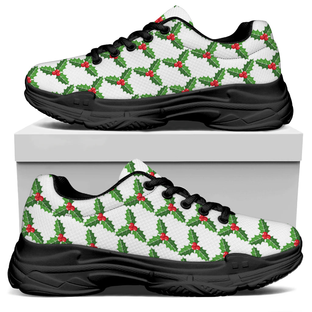 Christmas Holly Berry Pattern Print Black Chunky Shoes