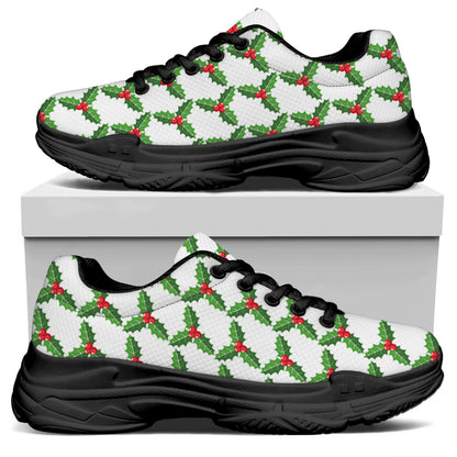 Christmas Holly Berry Pattern Print Black Chunky Shoes
