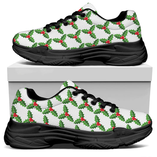 Christmas Holly Berry Pattern Print Black Chunky Shoes