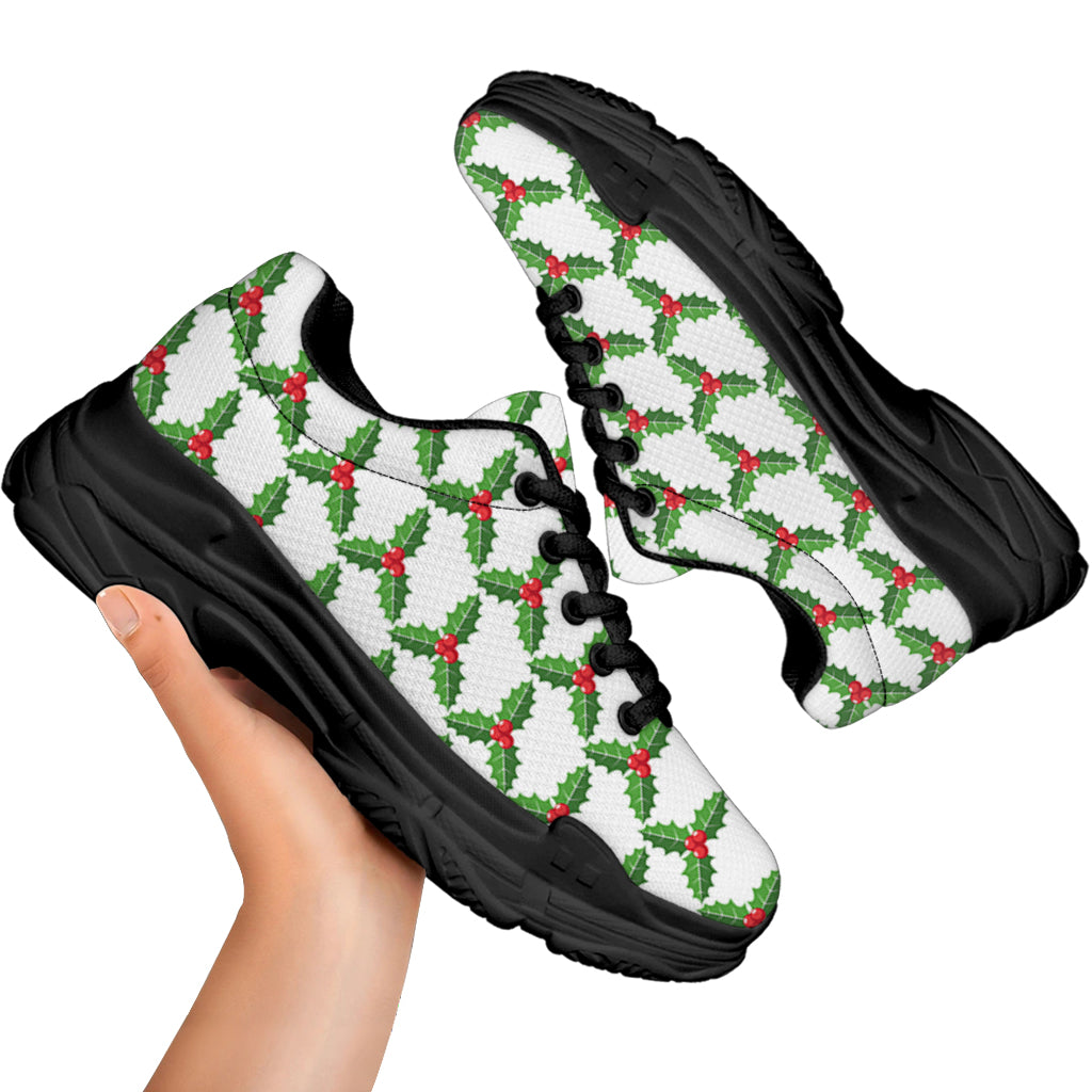Christmas Holly Berry Pattern Print Black Chunky Shoes