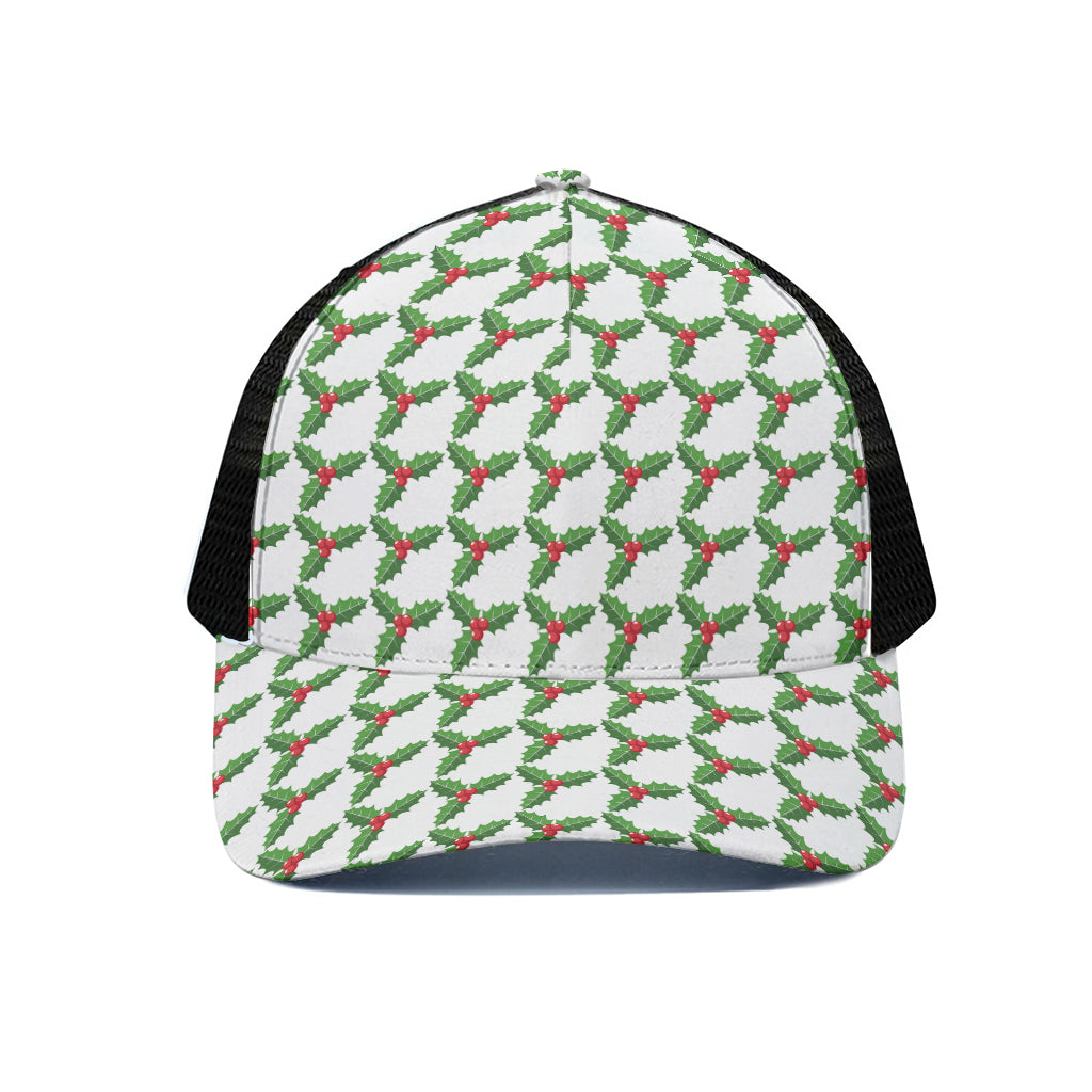 Christmas Holly Berry Pattern Print Black Mesh Trucker Cap