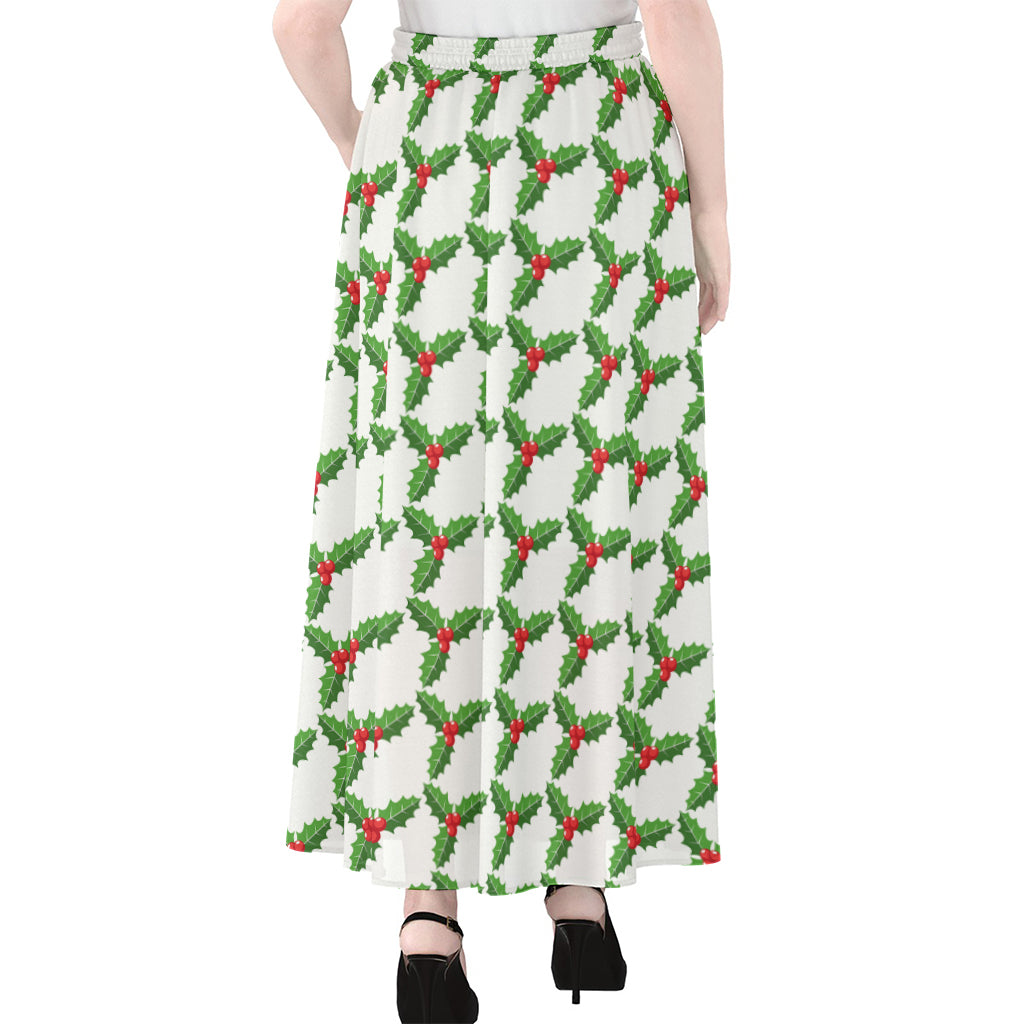 Christmas Holly Berry Pattern Print Chiffon Maxi Skirt