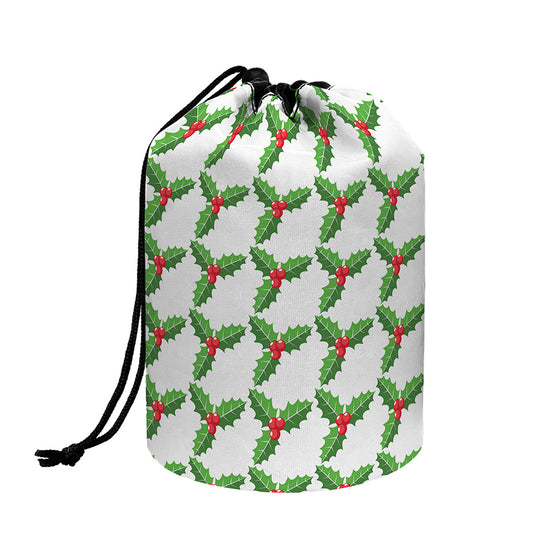 Christmas Holly Berry Pattern Print Drawstring Makeup Bag