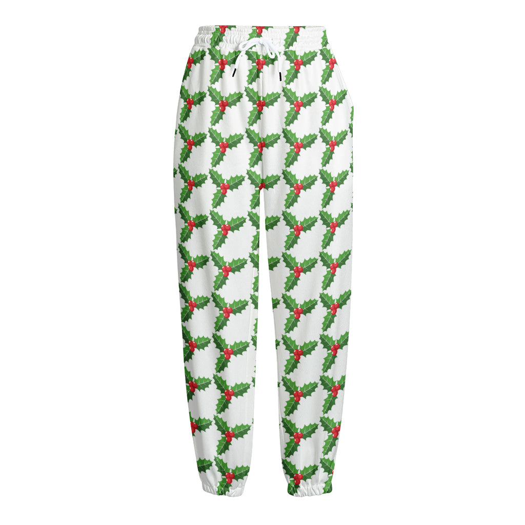 Christmas Holly Berry Pattern Print Fleece Lined Knit Pants