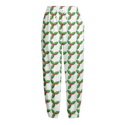 Christmas Holly Berry Pattern Print Fleece Lined Knit Pants