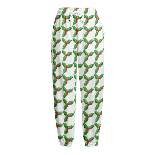 Christmas Holly Berry Pattern Print Fleece Lined Knit Pants