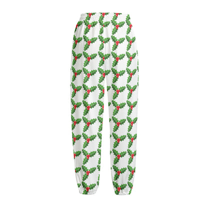 Christmas Holly Berry Pattern Print Fleece Lined Knit Pants