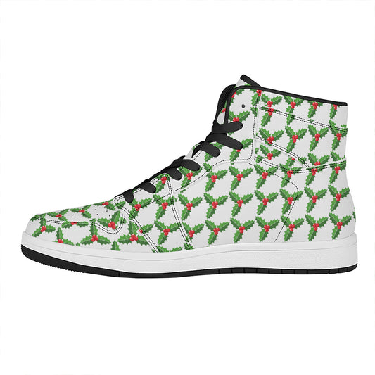 Christmas Holly Berry Pattern Print High Top Leather Sneakers