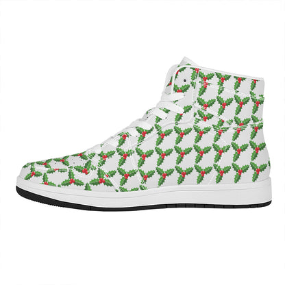 Christmas Holly Berry Pattern Print High Top Leather Sneakers