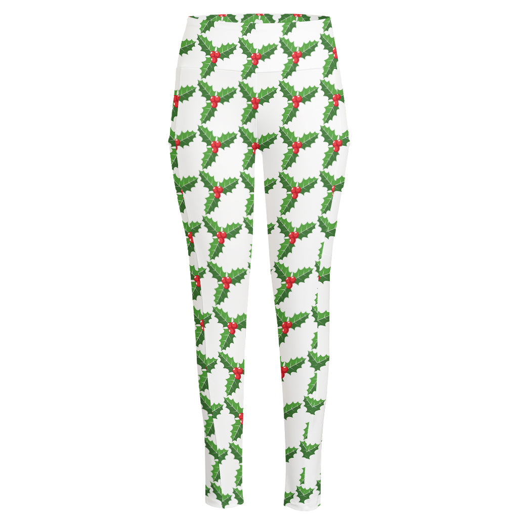 Christmas Holly Berry Pattern Print High-Waisted Pocket Leggings