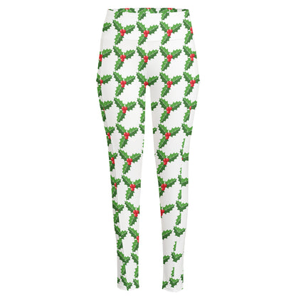 Christmas Holly Berry Pattern Print High-Waisted Pocket Leggings