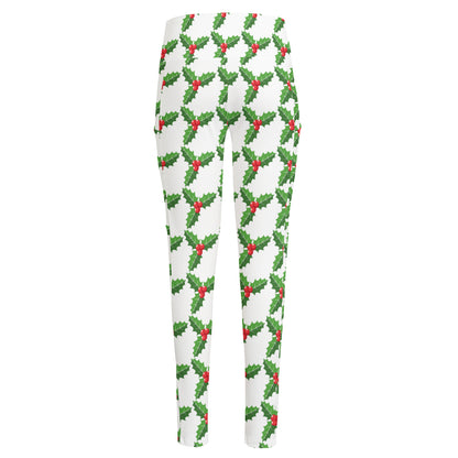Christmas Holly Berry Pattern Print High-Waisted Pocket Leggings