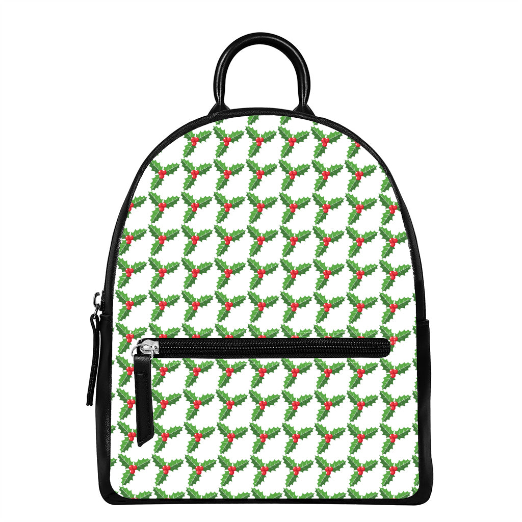 Christmas Holly Berry Pattern Print Leather Backpack