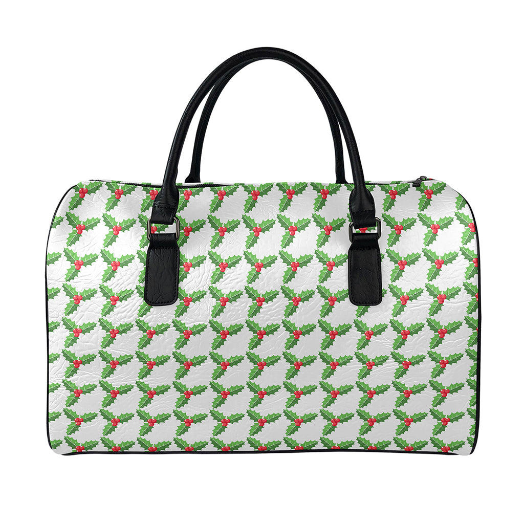 Christmas Holly Berry Pattern Print Leather Duffle Bag