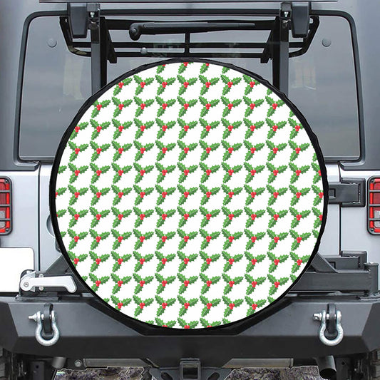 Christmas Holly Berry Pattern Print Leather Spare Tire Cover