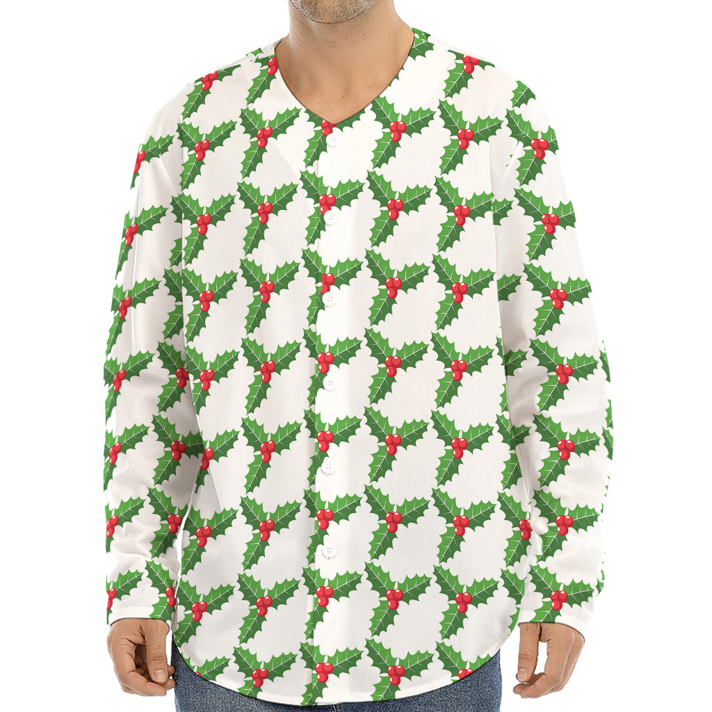Christmas Holly Berry Pattern Print Long Sleeve Baseball Jersey