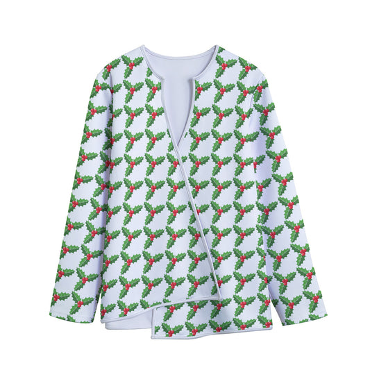 Christmas Holly Berry Pattern Print Long Sleeve Short Coat