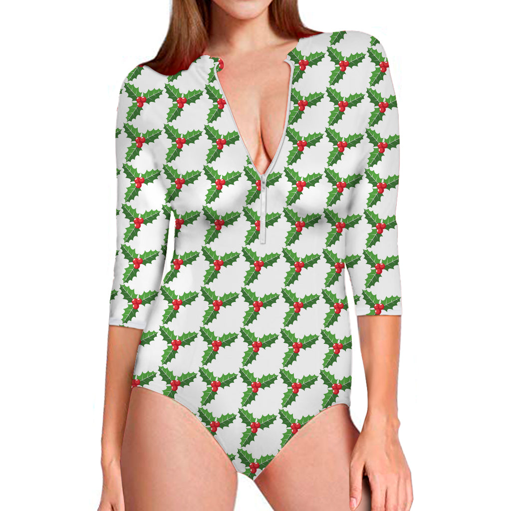 Christmas Holly Berry Pattern Print Long Sleeve Swimsuit