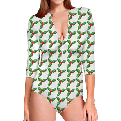 Christmas Holly Berry Pattern Print Long Sleeve Swimsuit
