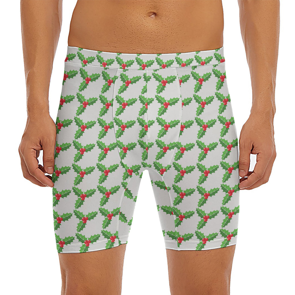 Christmas Holly Berry Pattern Print Men's Long Boxer Briefs