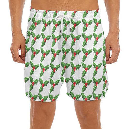 Christmas Holly Berry Pattern Print Men's Split Running Shorts