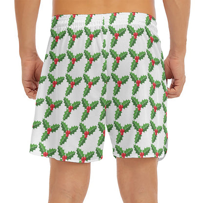 Christmas Holly Berry Pattern Print Men's Split Running Shorts