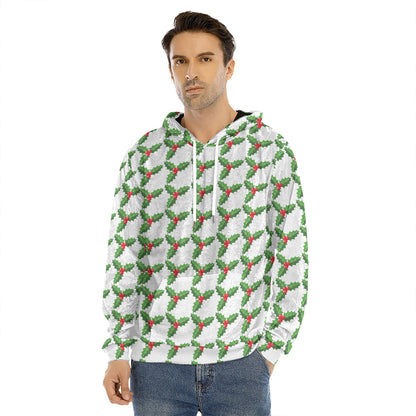 Christmas Holly Berry Pattern Print Men's Velvet Pullover Hoodie