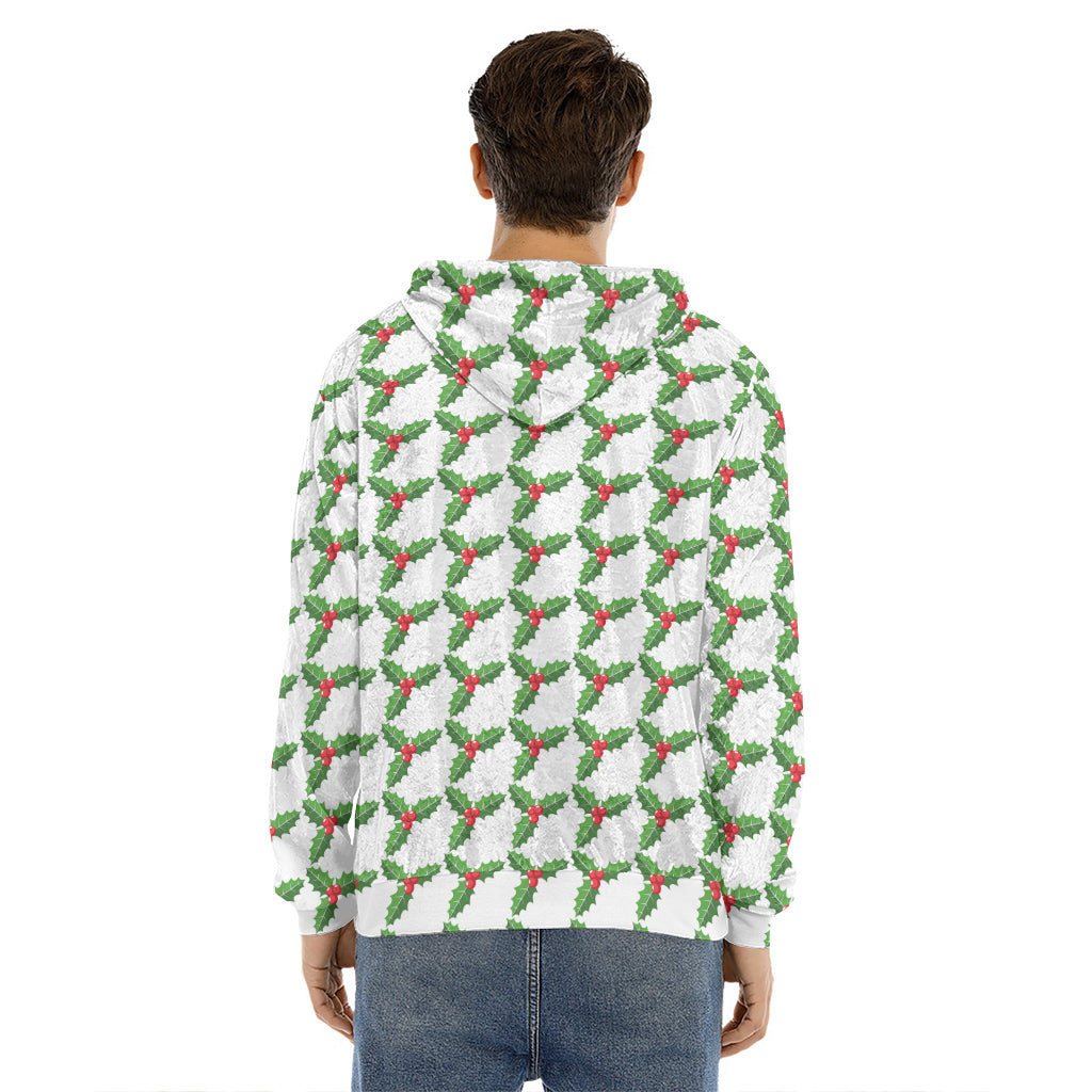 Christmas Holly Berry Pattern Print Men's Velvet Pullover Hoodie