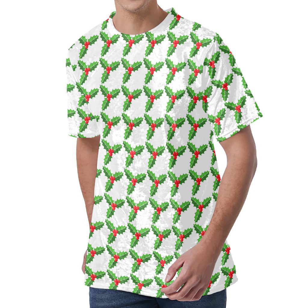 Christmas Holly Berry Pattern Print Men's Velvet T-Shirt