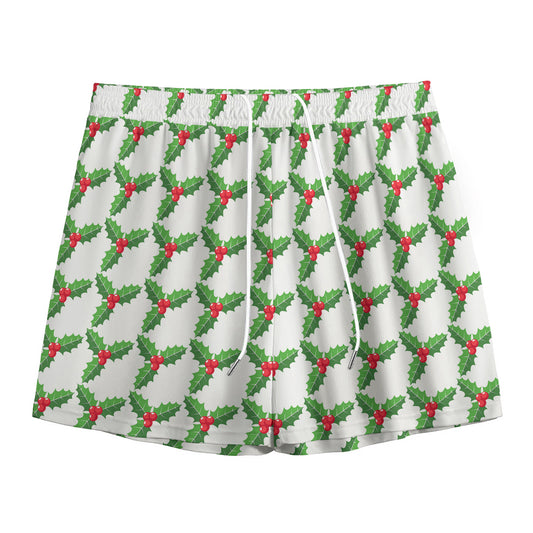 Christmas Holly Berry Pattern Print Mesh Shorts