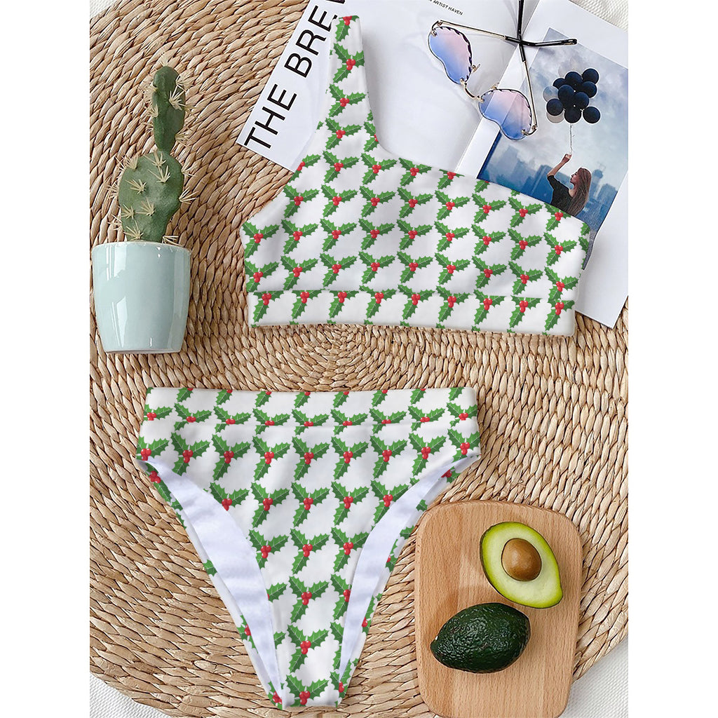 Christmas Holly Berry Pattern Print One Shoulder Bikini Top