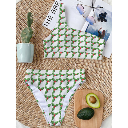 Christmas Holly Berry Pattern Print One Shoulder Bikini Top