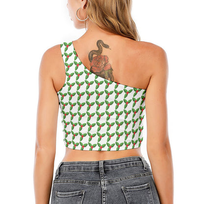 Christmas Holly Berry Pattern Print One Shoulder Crop Top