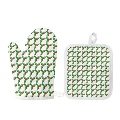 Christmas Holly Berry Pattern Print Oven Mitt And Pot Holder Set