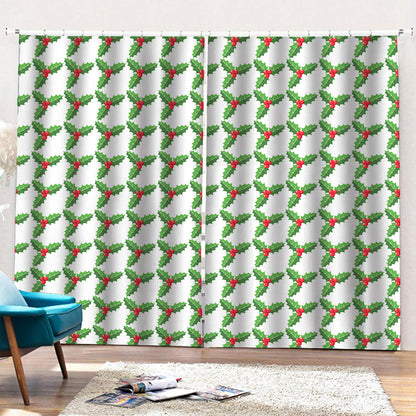 Christmas Holly Berry Pattern Print Pencil Pleat Curtains