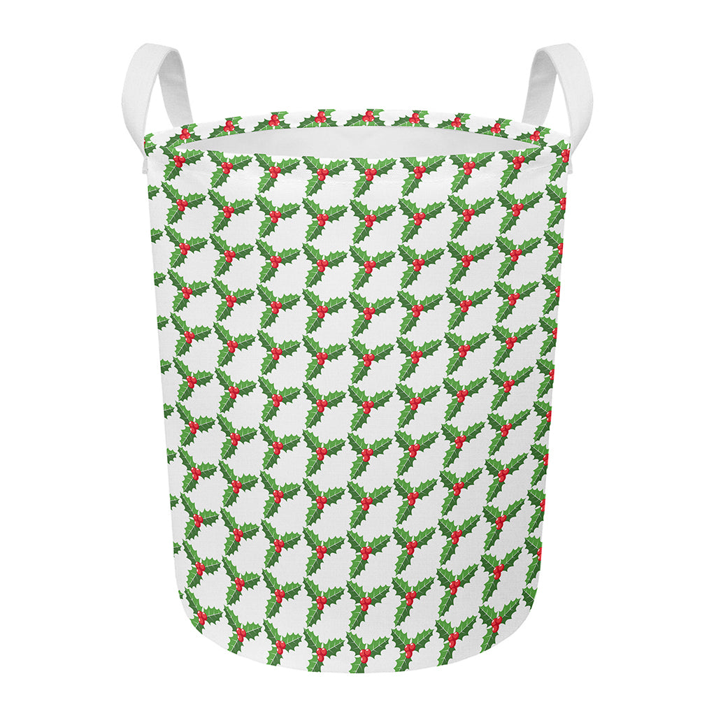 Christmas Holly Berry Pattern Print Round Laundry Basket