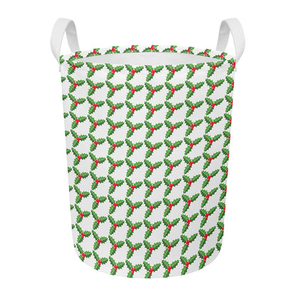 Christmas Holly Berry Pattern Print Round Laundry Basket