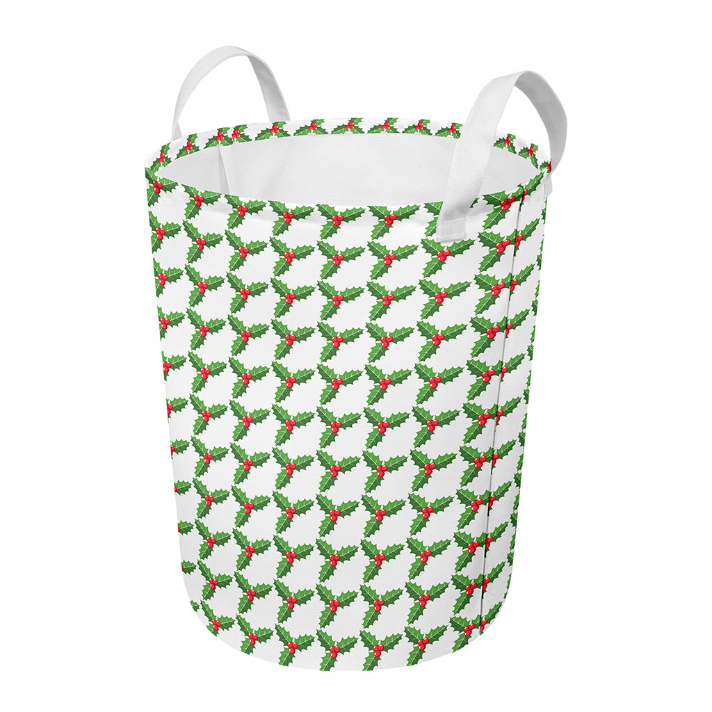 Christmas Holly Berry Pattern Print Round Laundry Basket